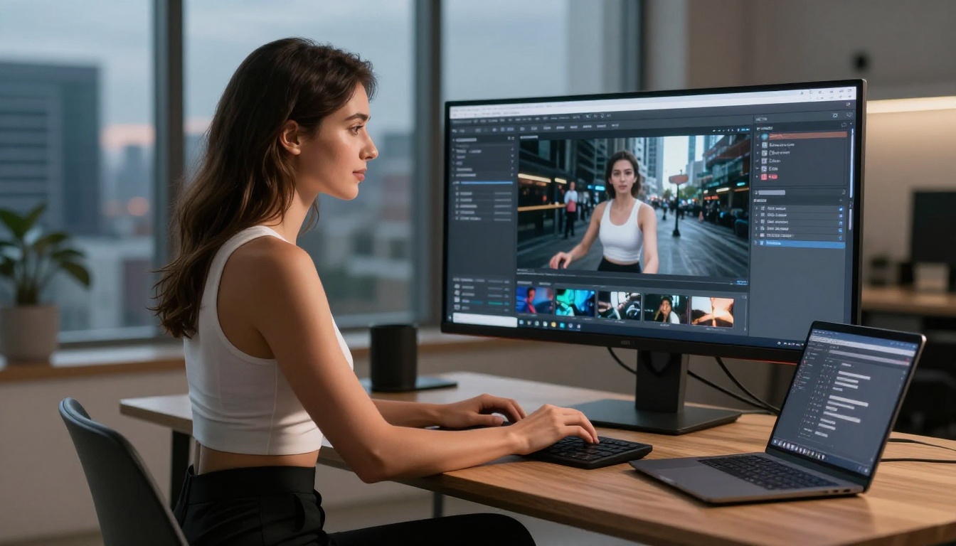 Woman working at AI video generation setup on a dual-monitor desk