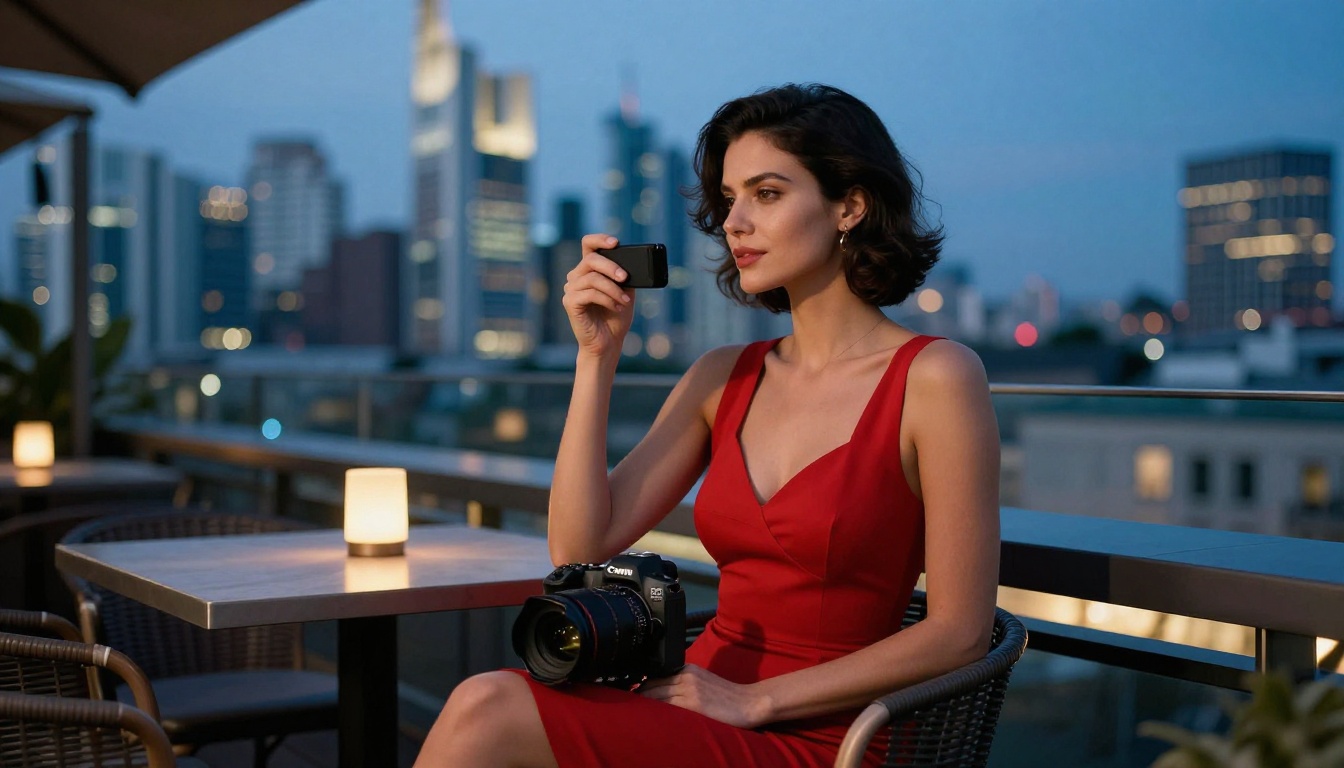 Woman in red dress at European rooftop terrace at blue hour with city lights, photorealistic AI