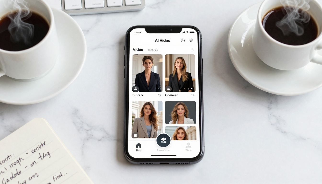 Flat-lay of a smartphone showing an AI video interface on marble surface beside a coffee cup