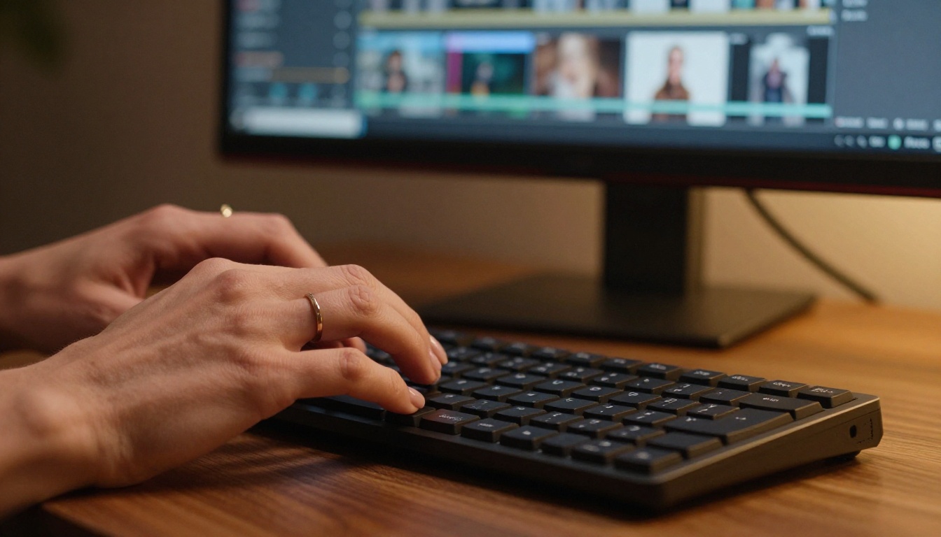 Close-up of woman's hands typing prompts on a mechanical keyboard