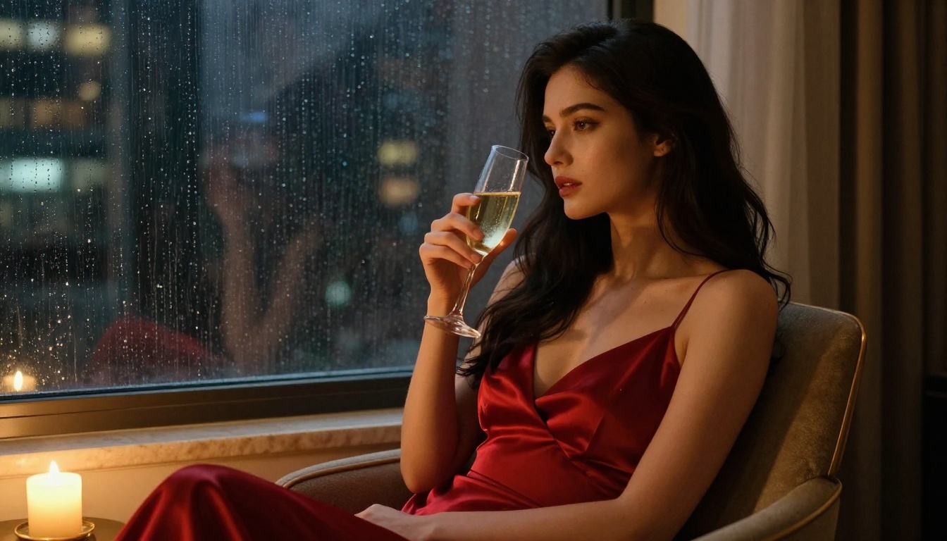 Elegant woman with long dark hair holding champagne gazing at city lights through hotel window at night