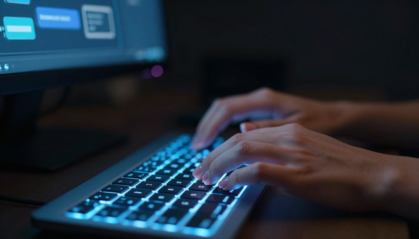 Close-up of woman's hands typing on a backlit keyboard with cool blue monitor glow in a dark room