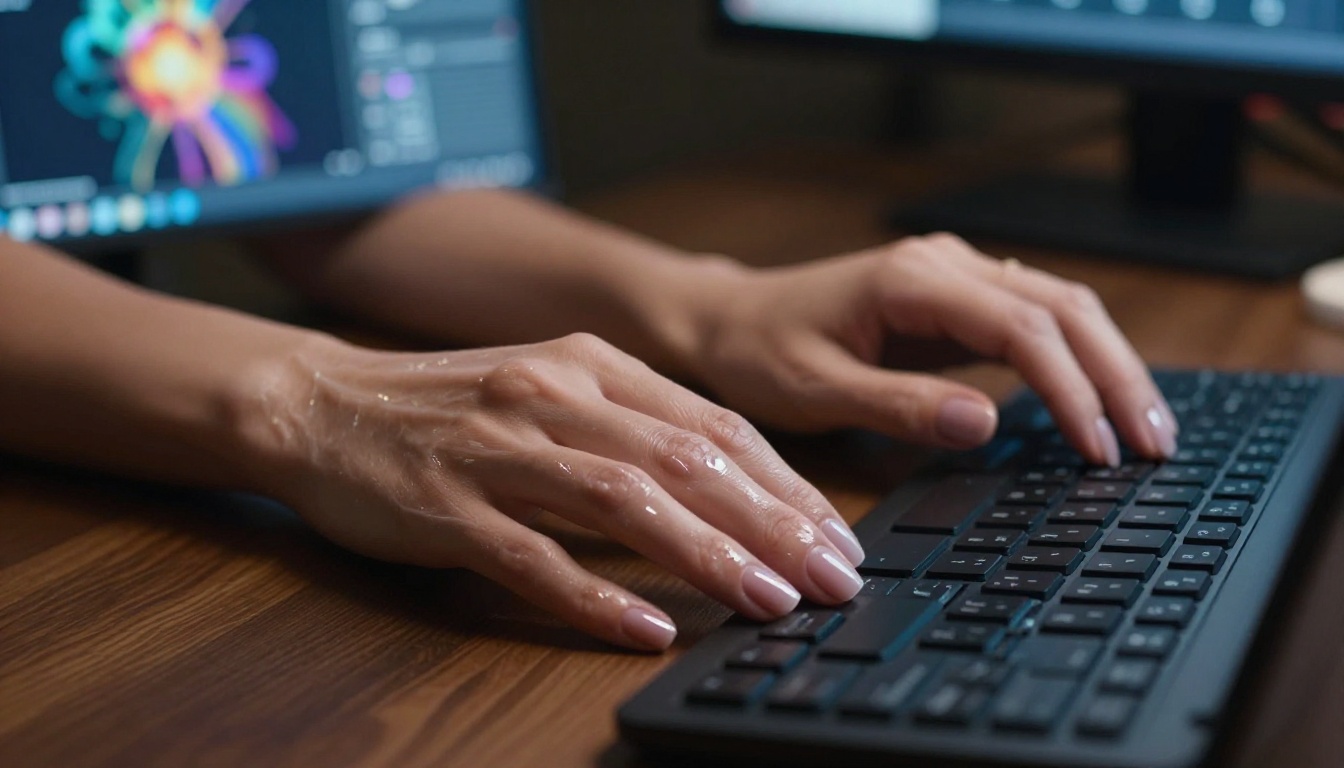 Woman using AI image generation platform at desk with glowing screen