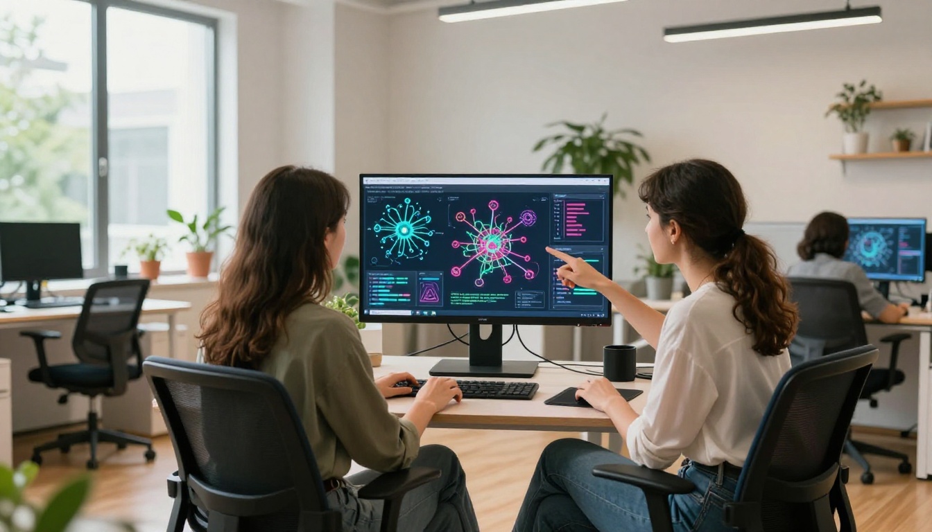 AI research team discussing neural network visualizations on large monitors in a bright modern office