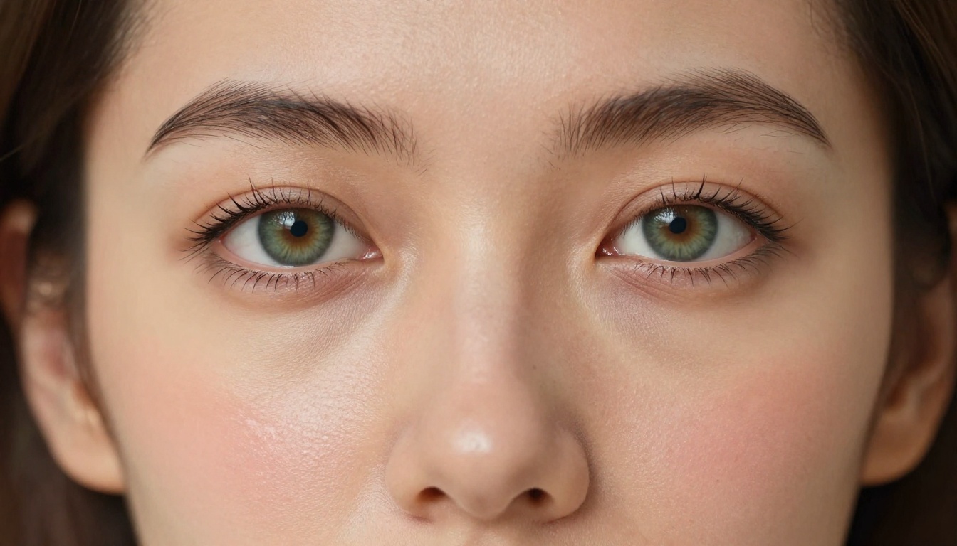 Extreme close-up beauty portrait of woman with deep green eyes, microscopic skin texture detail, natural lip gloss, hard side window light carving dimensional shadows, medium format photography quality