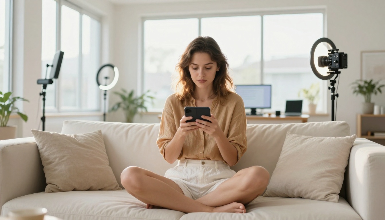 AI content creator working on glamour photography in a bright Scandinavian studio apartment with multiple screens and ring lights AI content creator working on glamour photography in a bright Scandinavian studio apartment with multiple screens and ring lights