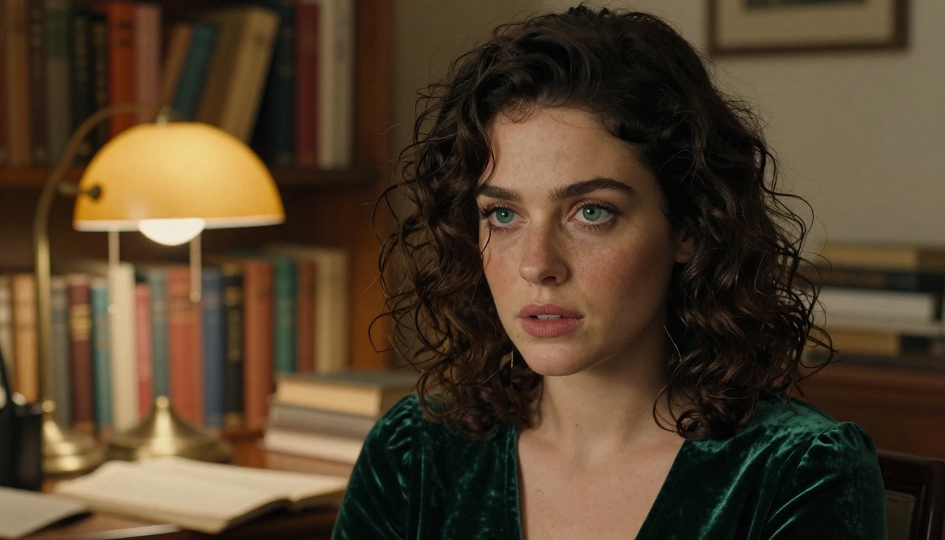 Close-up portrait of woman with green eyes and freckles lit by warm amber desk lamp glow in a cozy study