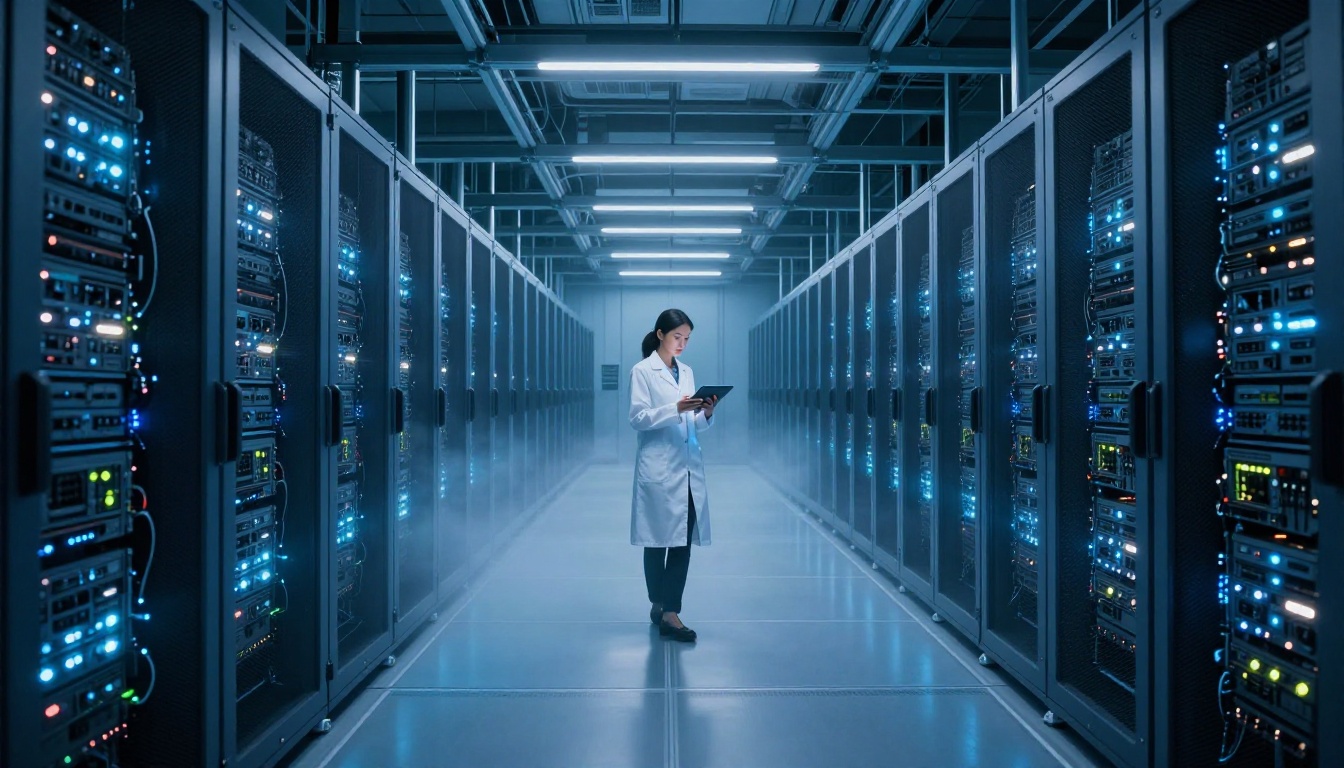 Modern AI data center corridor at night with glowing server racks and female technician checking a tablet