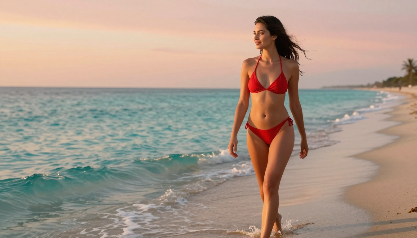 Woman in red bikini walking along the beach shoreline at sunrise, photorealistic editorial photography