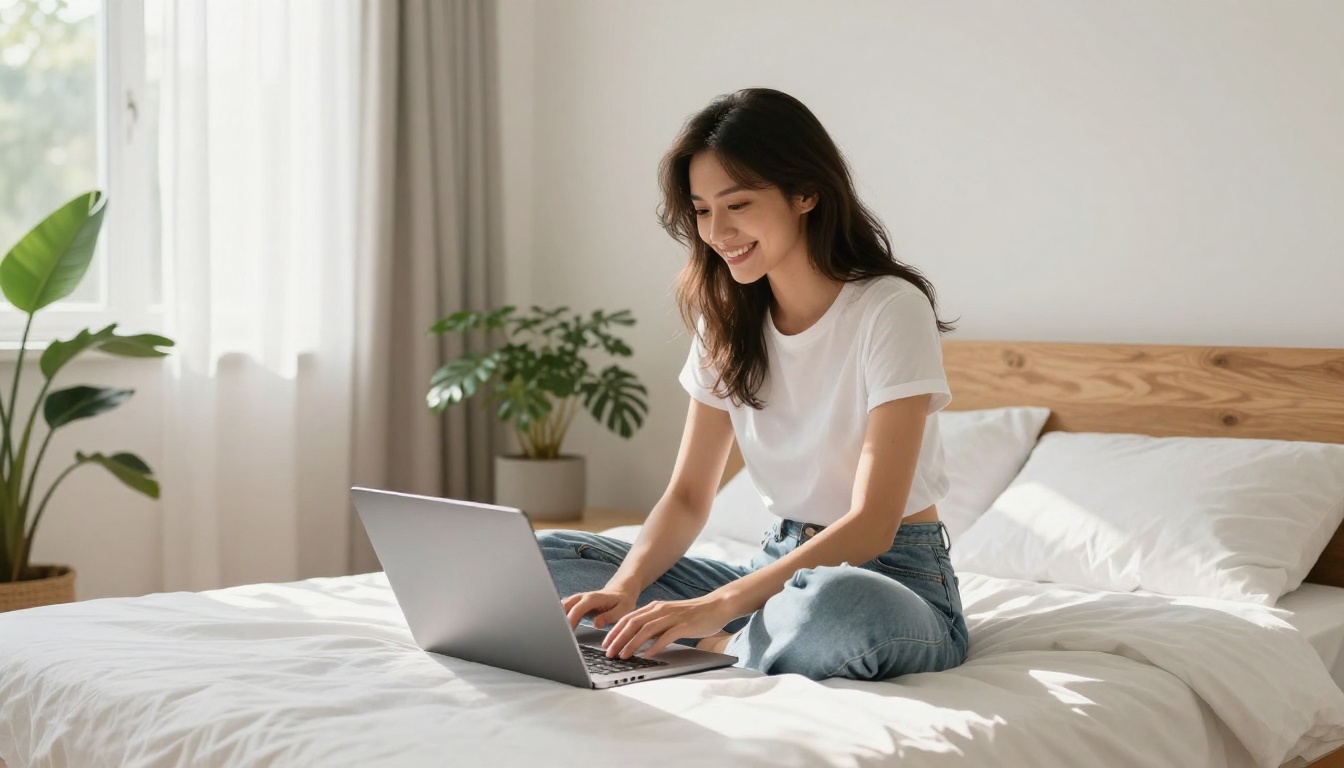 Young woman smiling at laptop screen in a bright sunlit minimalist apartment with plants and warm wood tones