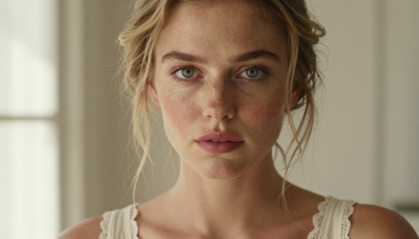 Close-up beauty portrait with soft natural window lighting, photorealistic skin detail