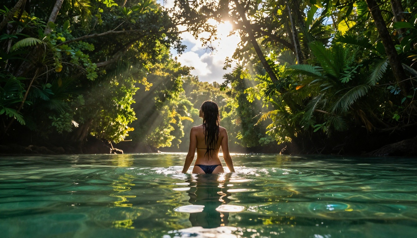 Woman standing waist-deep in a tropical lagoon with jungle canopy and volumetric light shafts