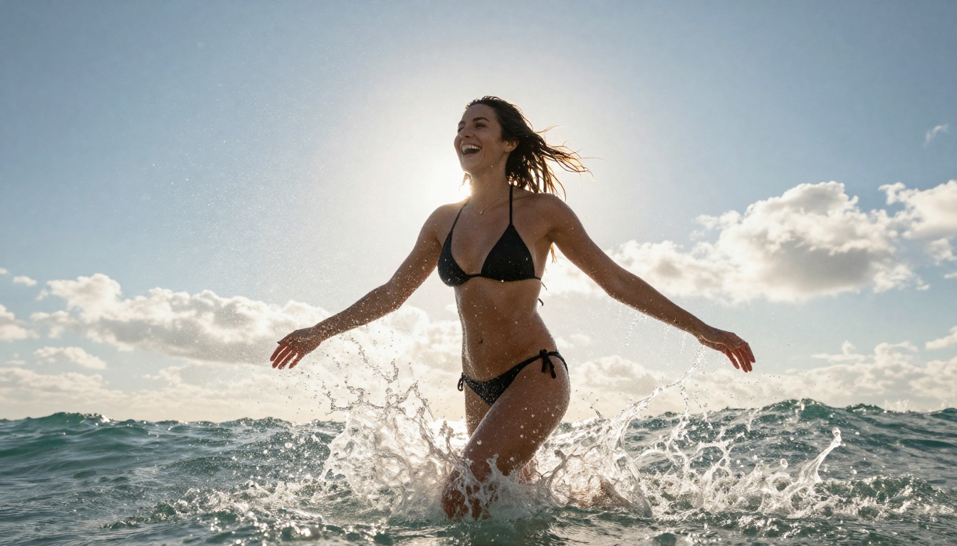 Woman emerging from the ocean with energy and water droplets frozen in motion, photorealistic action photography