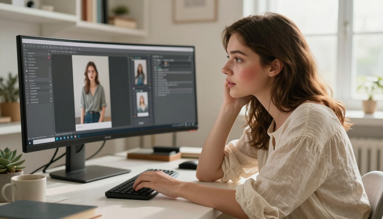 Woman studying AI image generation interface at a bright home studio desk