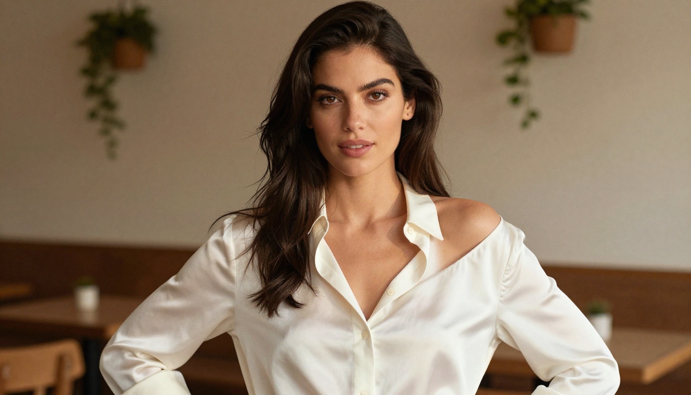 Confident young woman in elegant off-shoulder silk blouse, editorial portrait
