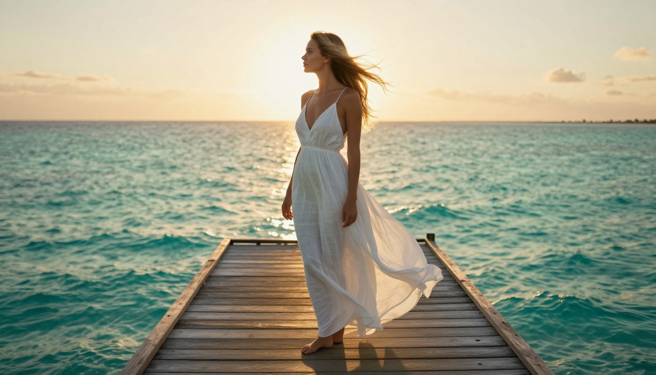 Elegant woman on tropical pier at golden hour, white dress billowing in ocean breeze