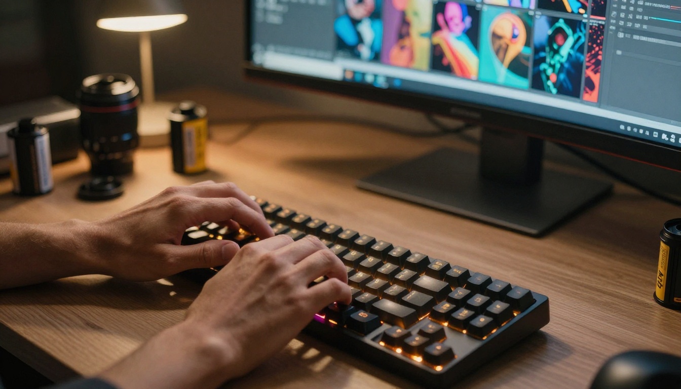 Hands typing on a mechanical keyboard with glowing AI content creation workspace