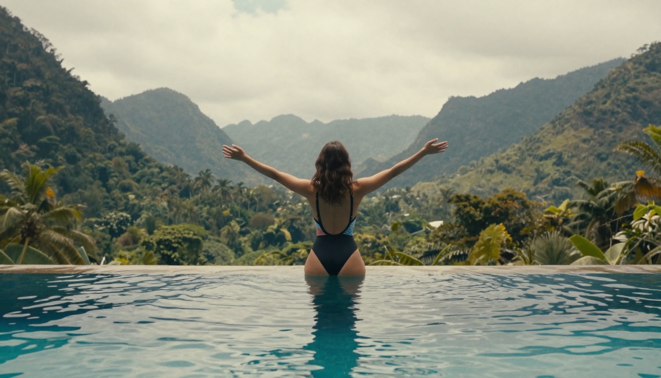 Woman in stylish swimsuit at an infinity pool with tropical mountain backdrop
