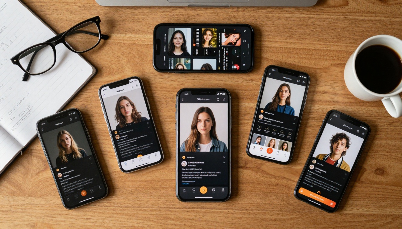 Overhead flat-lay of multiple smartphones showing AI image generation apps