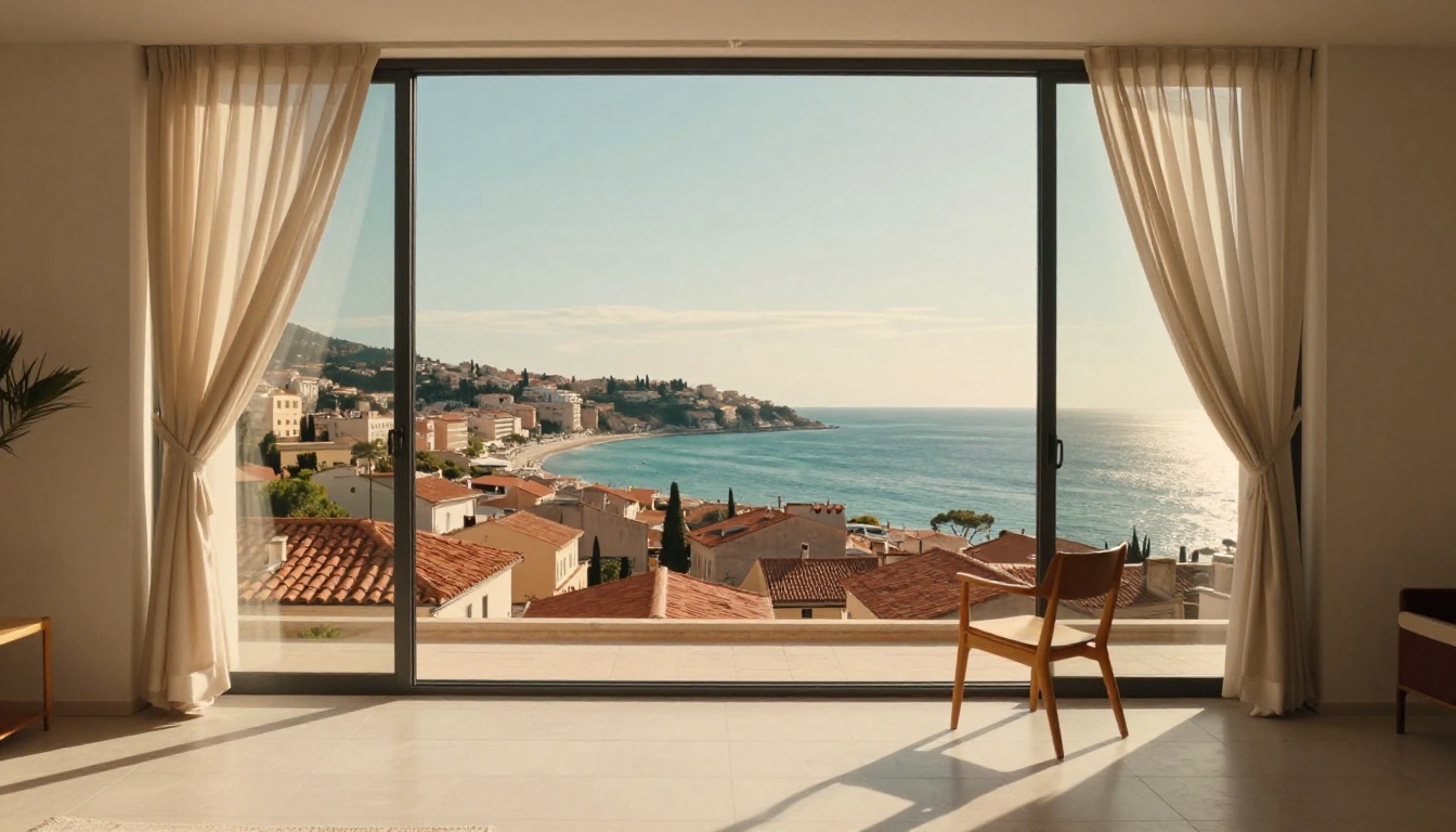 Large open window with Mediterranean coastal view, curtains billowing