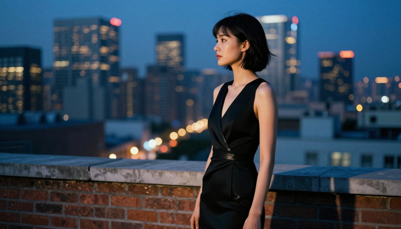 Woman in black cocktail dress on rooftop, city skyline in blue hour light, telephoto blur