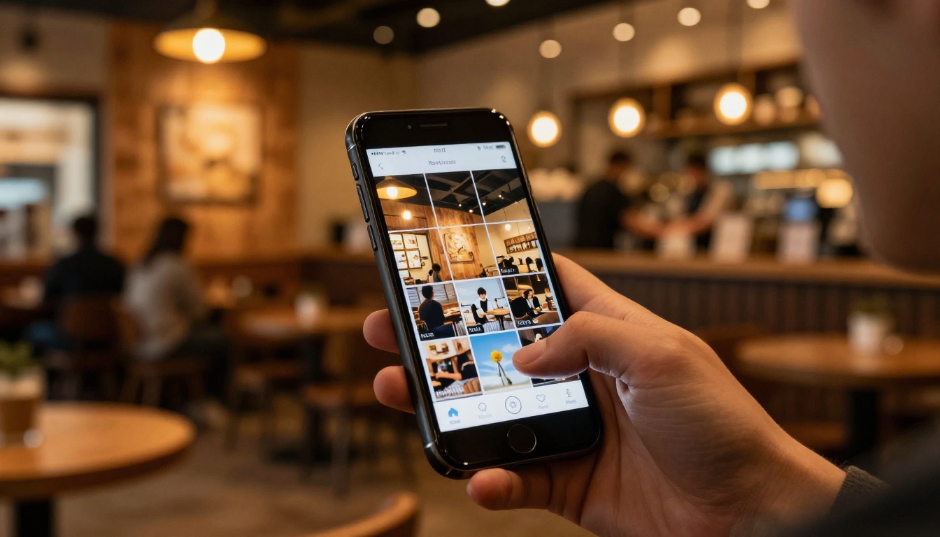 Person holding smartphone with creative AI platform interface in a cozy cafe
