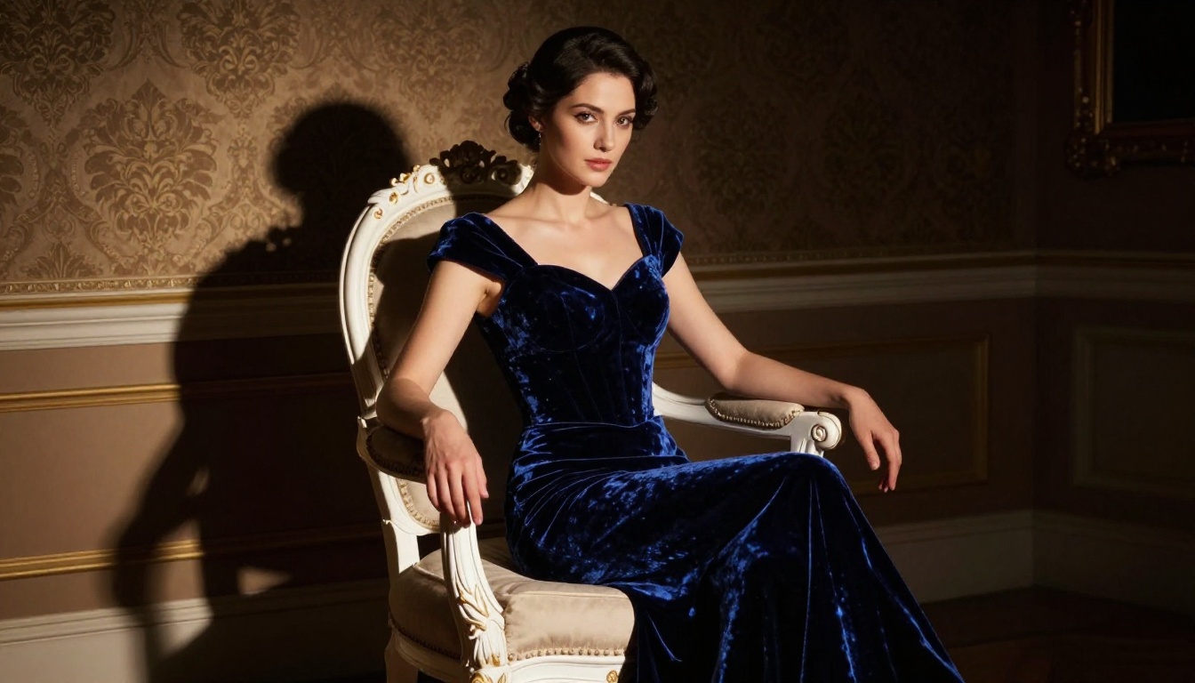 Woman seated on baroque armchair, dramatic chiaroscuro portrait, midnight blue velvet gown