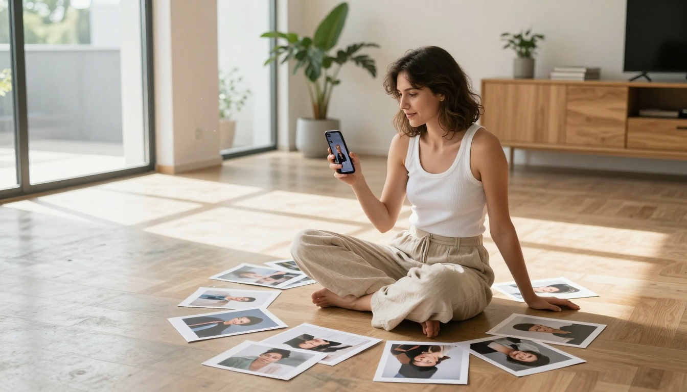 Woman with smartphone surrounded by printed photographs in bright Scandinavian apartment