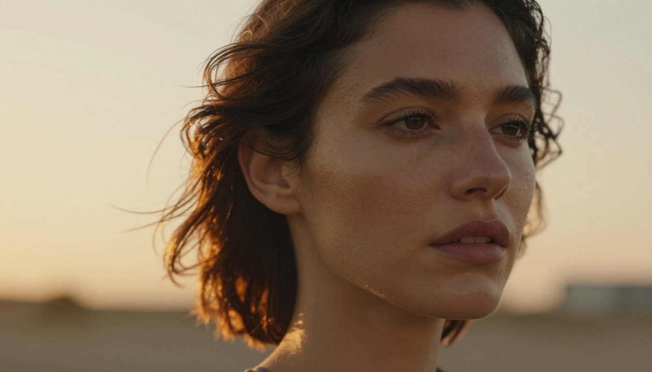 Close-up portrait of a woman at golden hour with shallow depth of field