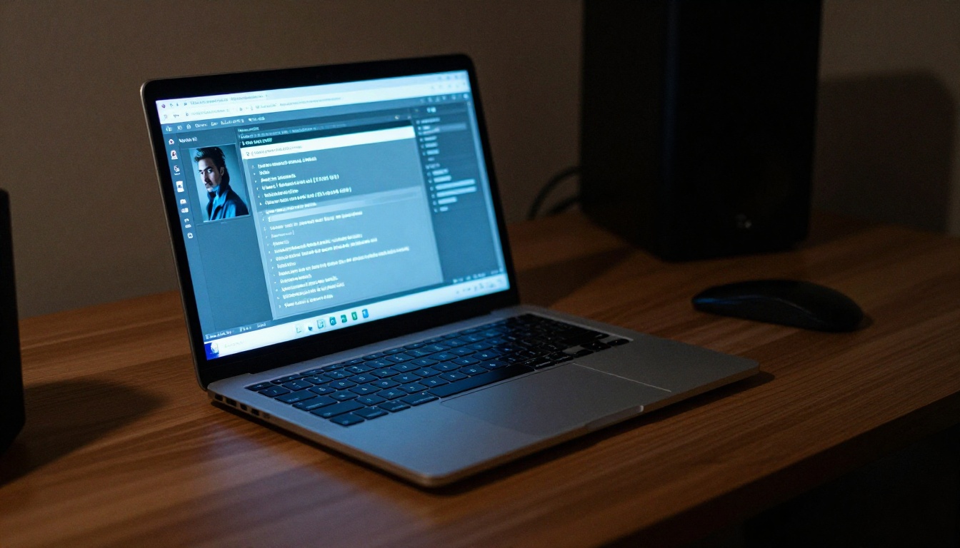 Moody dark home studio with AI generation interface glowing on laptop screen