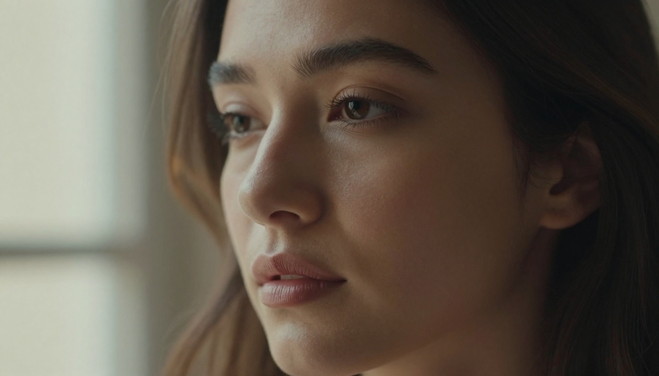 Intimate close-up portrait of a beautiful woman, natural morning window light from the left, 135mm f/2 telephoto lens, fine skin texture detail, Kodak Portra 400 film grain, RAW 8K photography