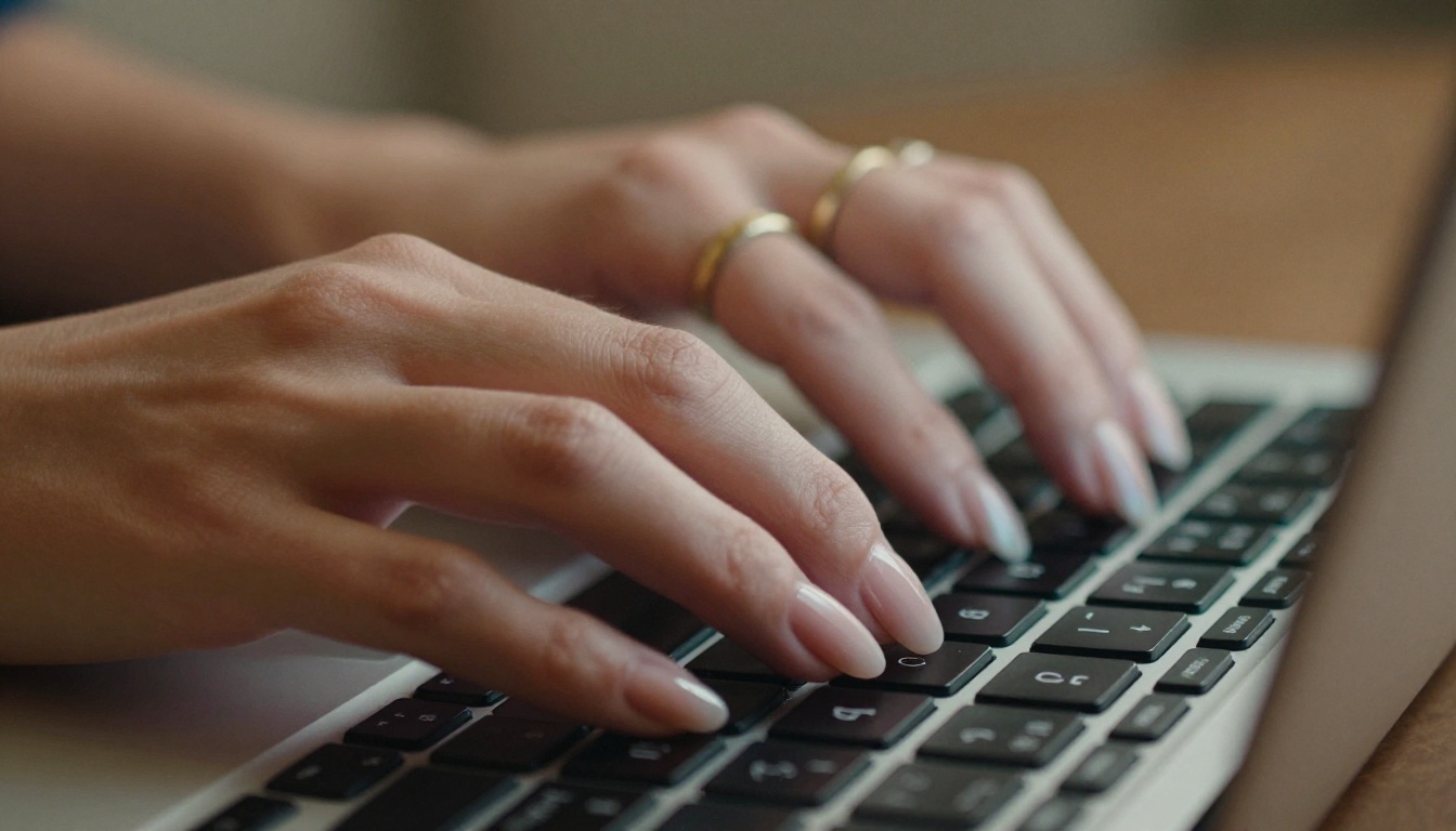Extreme close-up macro shot of female hands with gold rings typing on keyboard