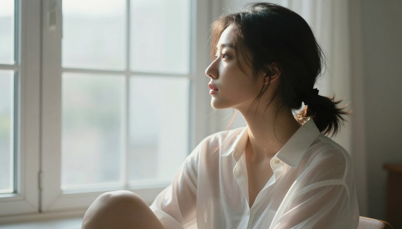 Side-profile portrait of a woman by a large window in a sheer white shirt with rim lighting