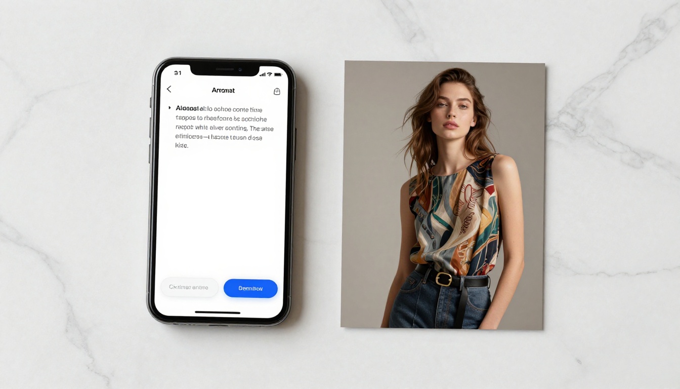 Flat lay of smartphone with AI interface and printed portrait photo on white marble countertop