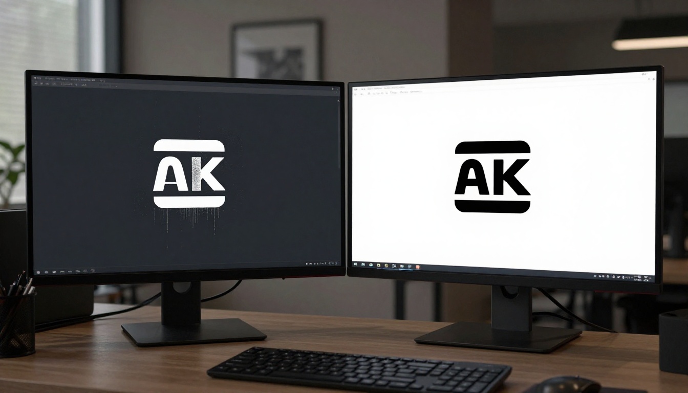 Widescreen monitor showing a watermarked AI image beside a clean watermark-free version, photographed in a dark modern office, 85mm lens, monitor glow illuminating the workspace