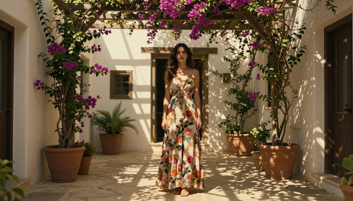 Beautiful woman in a floral sundress in a sunlit Mediterranean courtyard, dappled light through a pergola, terracotta pots and bougainvillea, 35mm f/2 lens, photorealistic fabric texture, RAW 8K photography