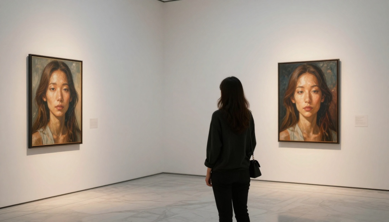 Woman viewed from behind in a contemporary art gallery, studying an illuminated AI artwork on the wall, soft gallery spotlights, polished marble floor reflections, 85mm f/2.8 lens, RAW 8K photography