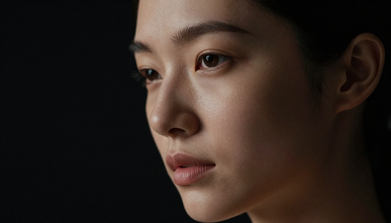 Close-up portrait with chiaroscuro studio lighting on bare shoulders