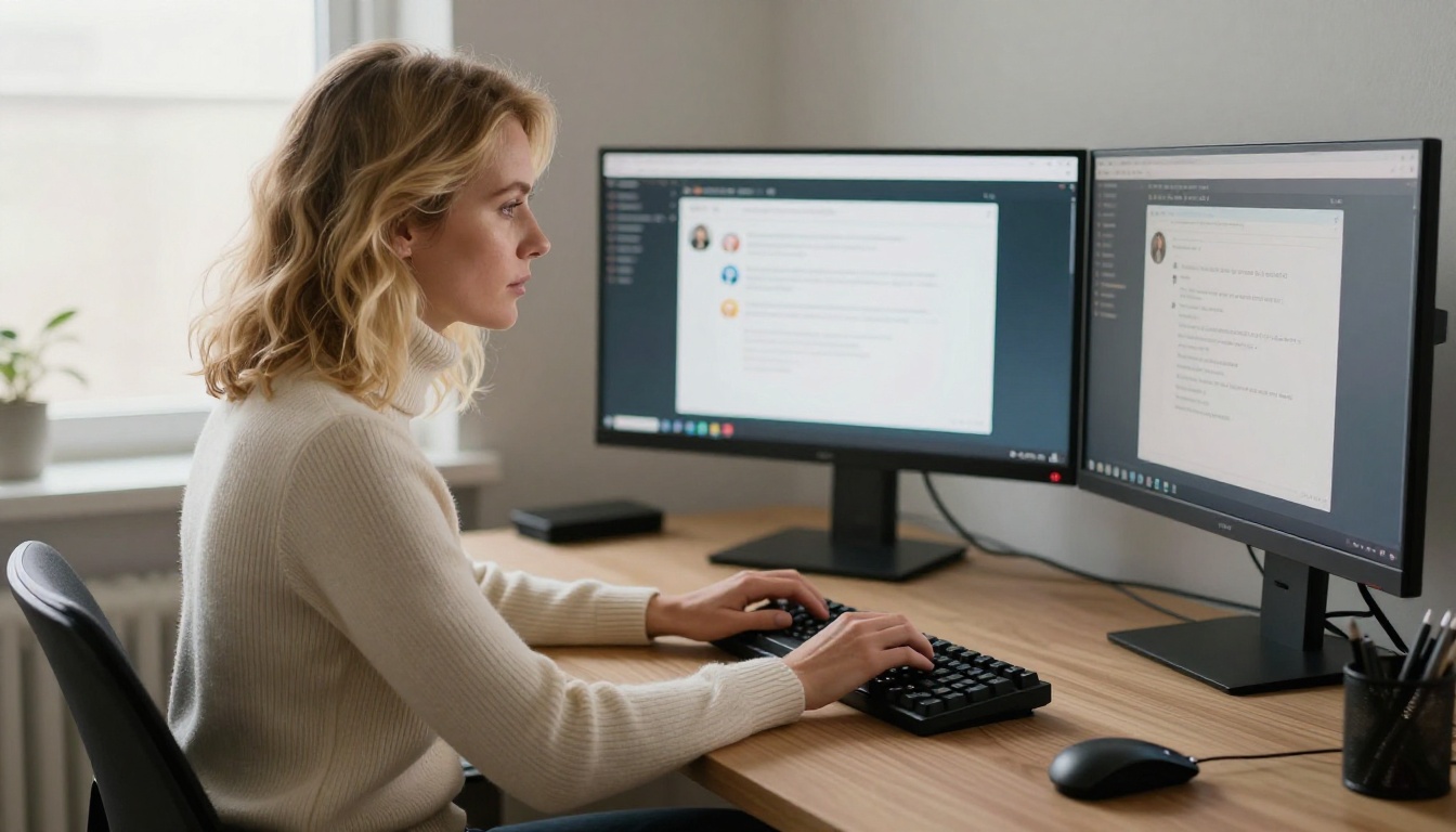 Woman typing in home office with multiple screens Woman typing in home office with multiple screens