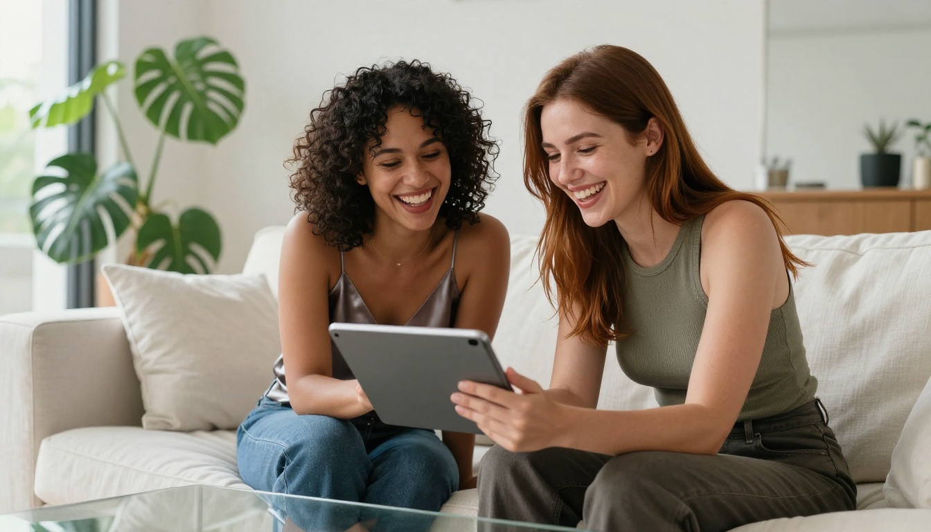 Two women laughing while sharing tablet screen