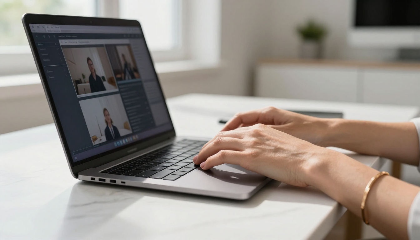 Woman using laptop in modern home office, natural morning light