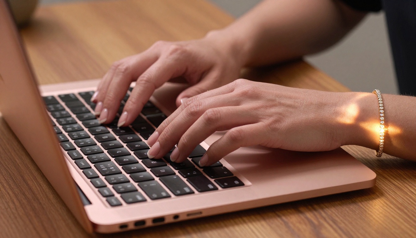 Close-up of hands typing on rose-gold laptop