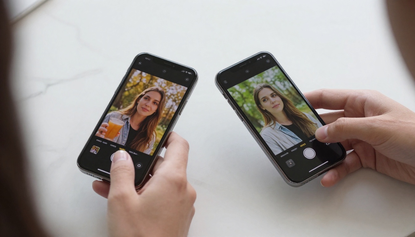 Two smartphone screens on marble table showing AI video comparison