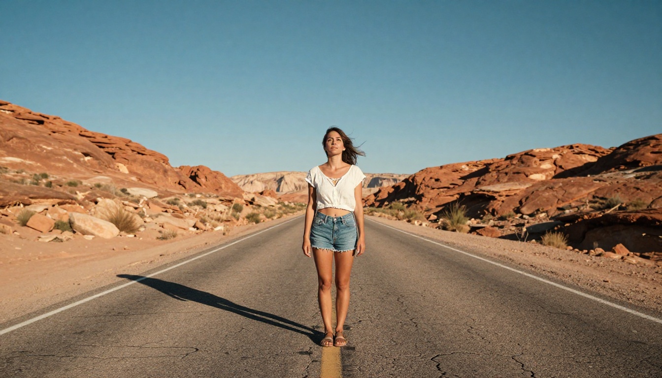 Full-body shot of a woman in denim cutoffs on a sun-baked desert highway, low angle 28mm lens, late afternoon directional light, heat shimmer in distance, red rock canyons, RAW 8K photography