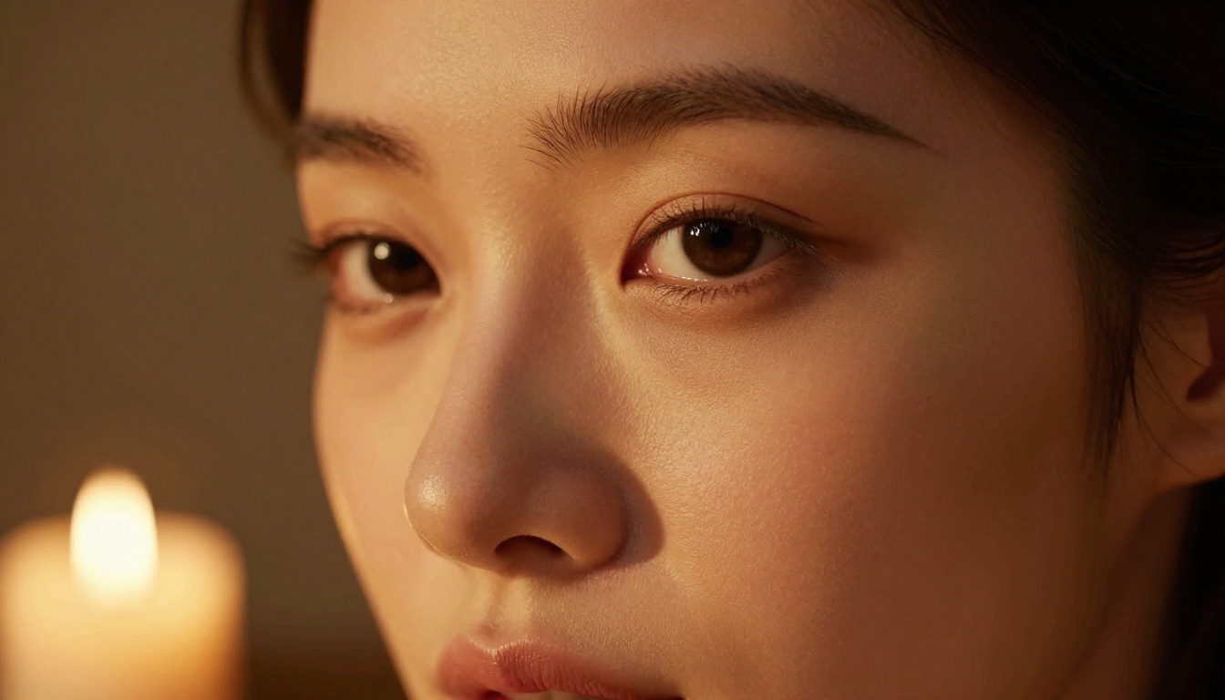 Glamour close-up portrait of a woman's face and décolletage in rich amber candlelight, chiaroscuro shadows, 135mm f/2 lens, razor-sharp eyes, fine skin texture, Kodak Portra 400, RAW 8K photography
