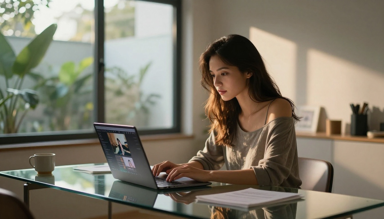 Woman creating AI content at her laptop in a modern apartment