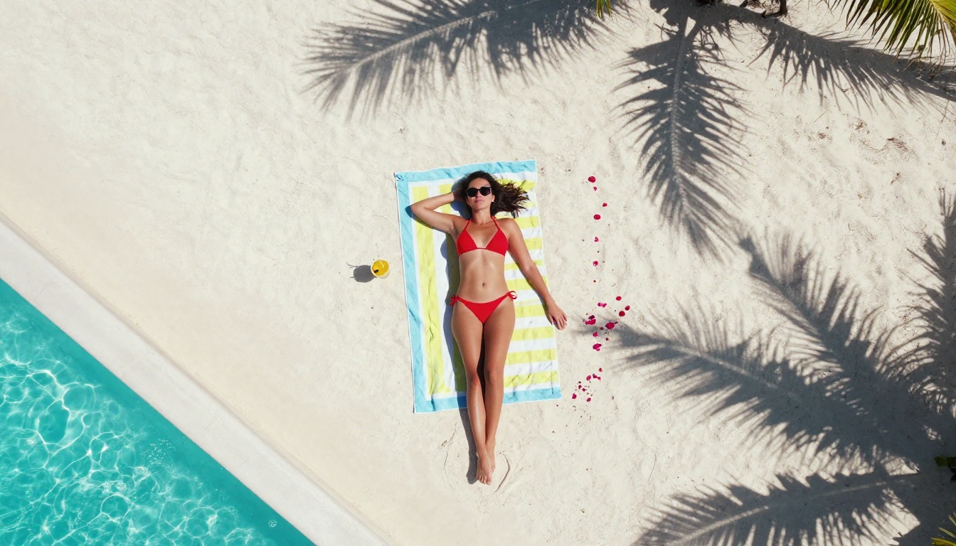 Aerial view of a woman in a red bikini relaxing on a white sand beach