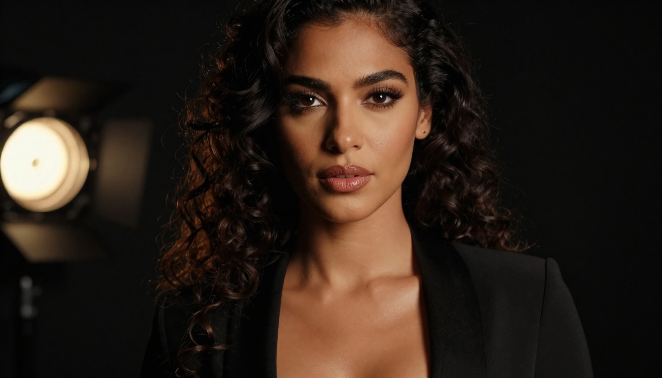 Close-up portrait of a woman in black evening wear under dramatic studio lighting
