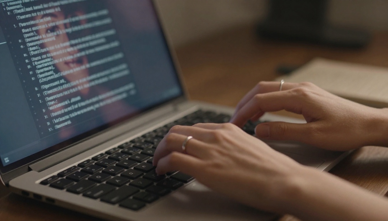 Woman typing on keyboard with AI-generated text glowing on screen