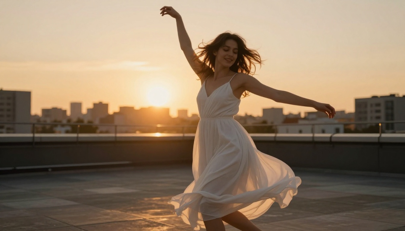 Woman in a flowing sundress dancing freely on a rooftop at sunset
